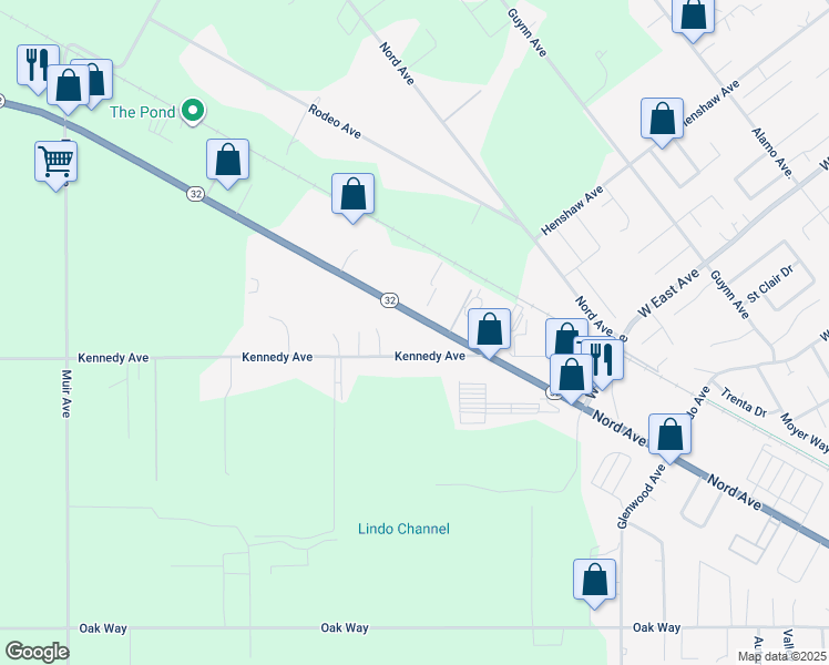 map of restaurants, bars, coffee shops, grocery stores, and more near 2725 California 32 in Chico