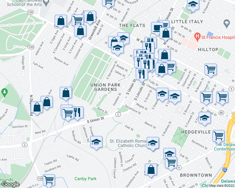 map of restaurants, bars, coffee shops, grocery stores, and more near 427 Geddes Street in Wilmington