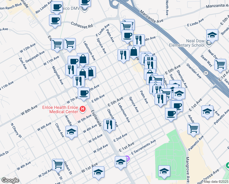 map of restaurants, bars, coffee shops, grocery stores, and more near 351 East 6th Avenue in Chico
