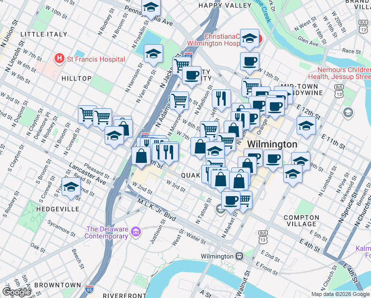 map of restaurants, bars, coffee shops, grocery stores, and more near 506 North Madison Street in Wilmington