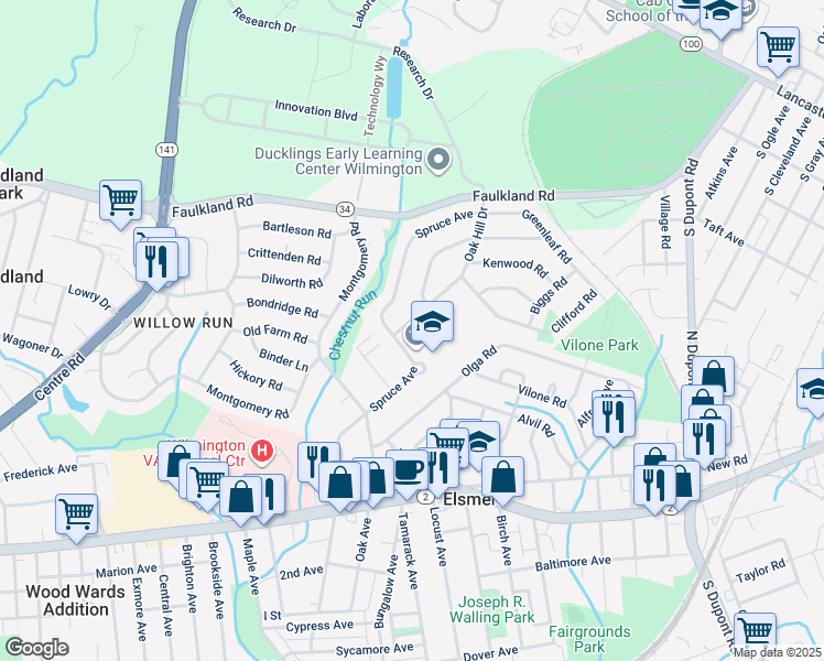 map of restaurants, bars, coffee shops, grocery stores, and more near 1436 Oak Hill Drive in Wilmington