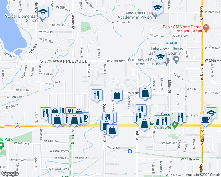 map of restaurants, bars, coffee shops, grocery stores, and more near 11191 West 17th Avenue in Denver