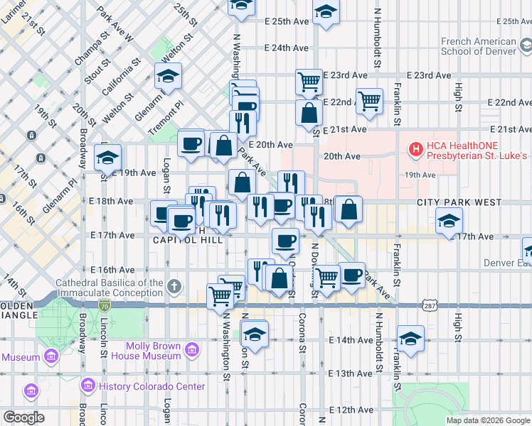map of restaurants, bars, coffee shops, grocery stores, and more near 1728 Emerson Street in Denver