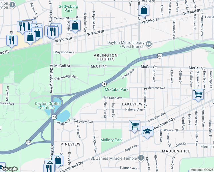 map of restaurants, bars, coffee shops, grocery stores, and more near 3124 Home Avenue in Dayton