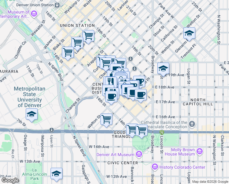 map of restaurants, bars, coffee shops, grocery stores, and more near 601 15th Street in Denver