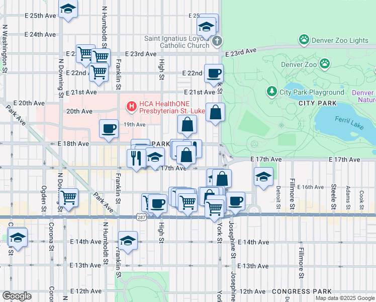 map of restaurants, bars, coffee shops, grocery stores, and more near 1757 Vine Street in Denver