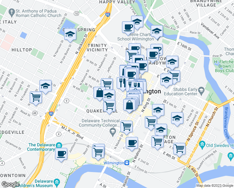 map of restaurants, bars, coffee shops, grocery stores, and more near 1 East 2nd Street in Wilmington