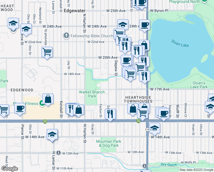 map of restaurants, bars, coffee shops, grocery stores, and more near 1702 Fenton Street in Lakewood