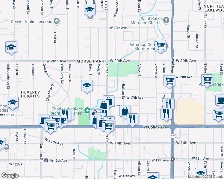 map of restaurants, bars, coffee shops, grocery stores, and more near 1740 Carr Street in Lakewood