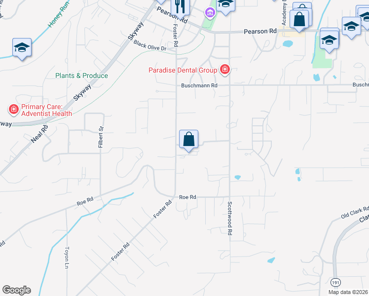 map of restaurants, bars, coffee shops, grocery stores, and more near 5446 Foster Road in Paradise