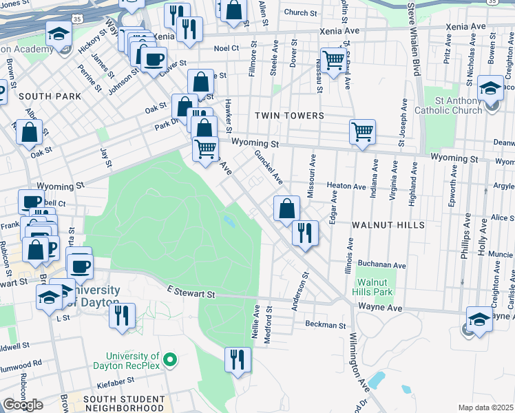 map of restaurants, bars, coffee shops, grocery stores, and more near Wayne Avenue in Dayton