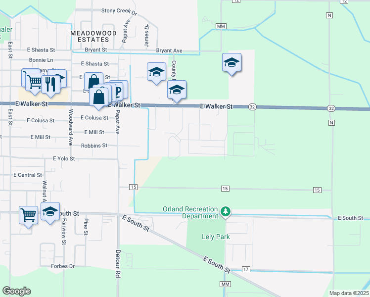 map of restaurants, bars, coffee shops, grocery stores, and more near 1658 Almondwood Drive in Orland