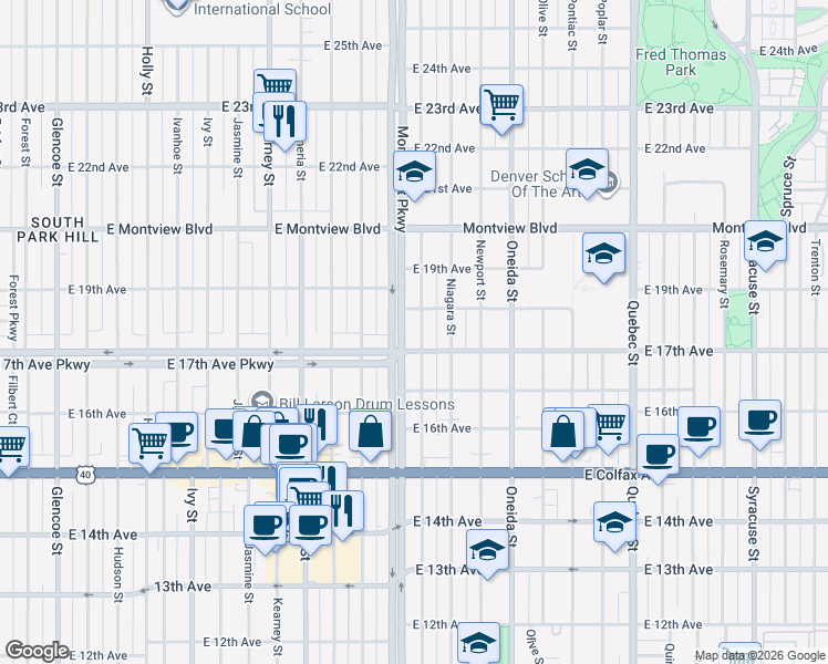 map of restaurants, bars, coffee shops, grocery stores, and more near 6603 East 17th Avenue in Denver