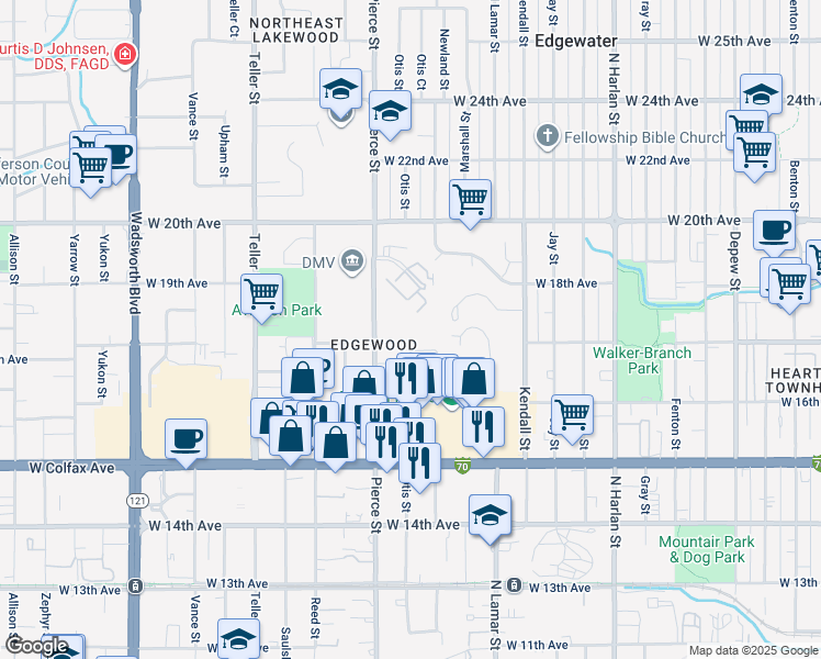 map of restaurants, bars, coffee shops, grocery stores, and more near 1700 Pierce Street in Lakewood