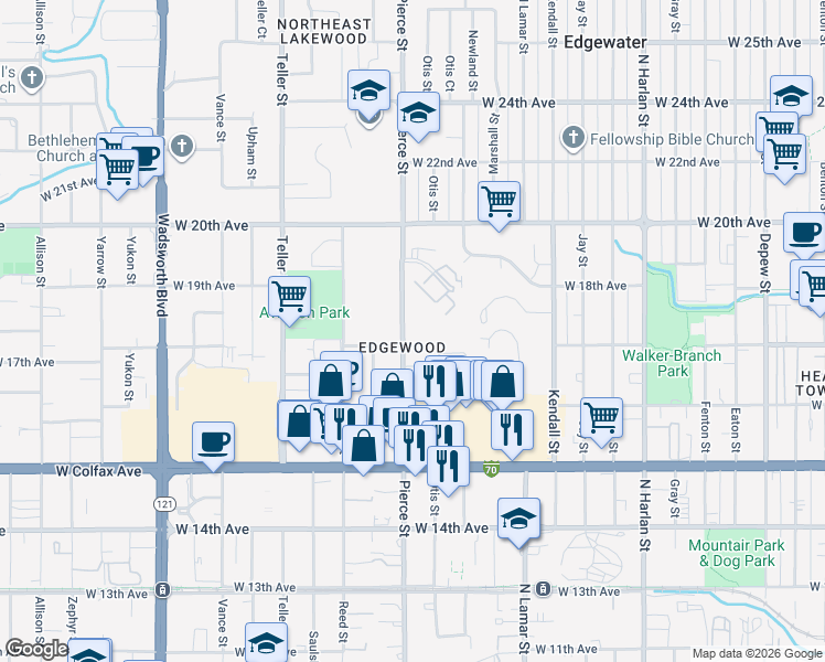 map of restaurants, bars, coffee shops, grocery stores, and more near 1710 Pierce Street in Lakewood