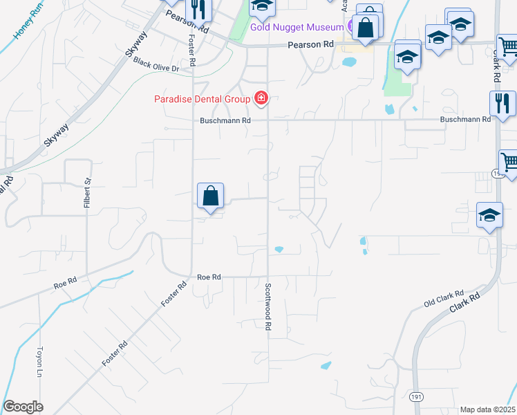 map of restaurants, bars, coffee shops, grocery stores, and more near 5435 Scottwood Road in Paradise