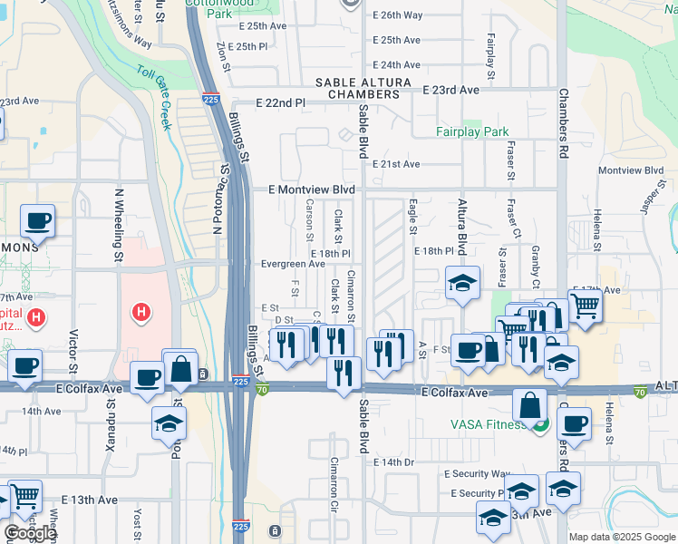map of restaurants, bars, coffee shops, grocery stores, and more near 1726 Cimarron Street in Aurora