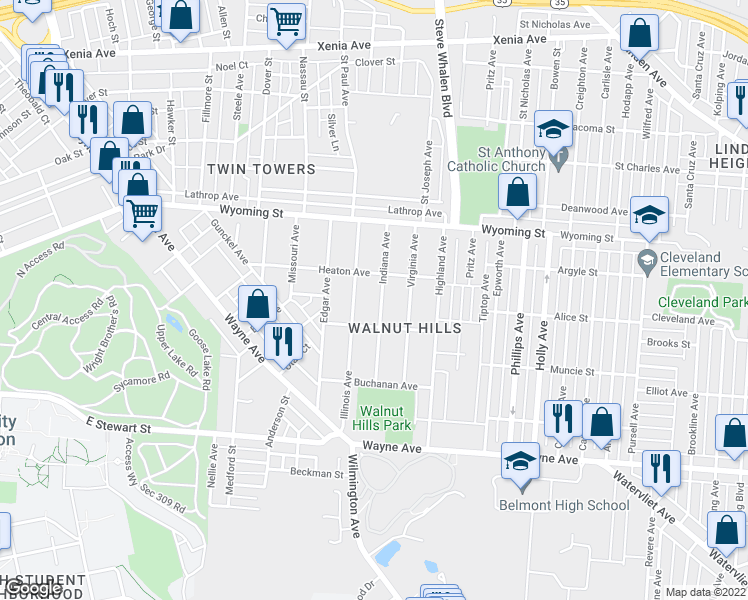 map of restaurants, bars, coffee shops, grocery stores, and more near 155 Indiana Avenue in Dayton