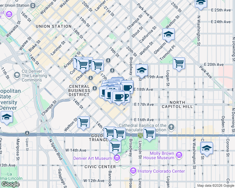 map of restaurants, bars, coffee shops, grocery stores, and more near 1600 Glenarm Place in Denver