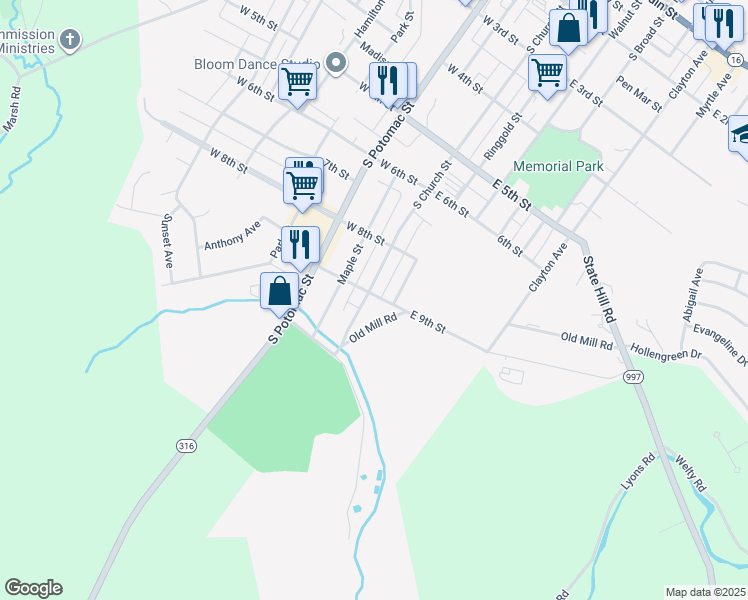 map of restaurants, bars, coffee shops, grocery stores, and more near 6 East 9th Street in Waynesboro