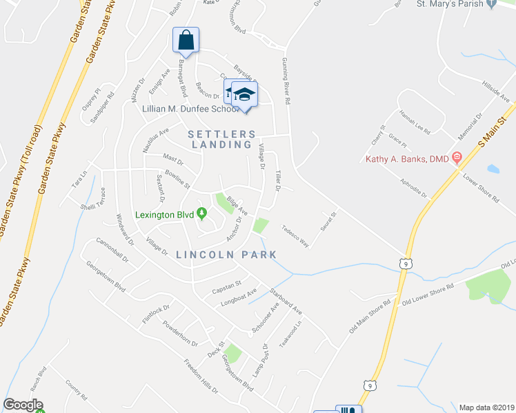 map of restaurants, bars, coffee shops, grocery stores, and more near Village Drive in Barnegat Township