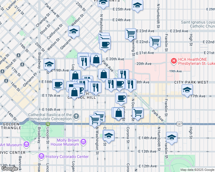 map of restaurants, bars, coffee shops, grocery stores, and more near 1756 Clarkson street in Denver