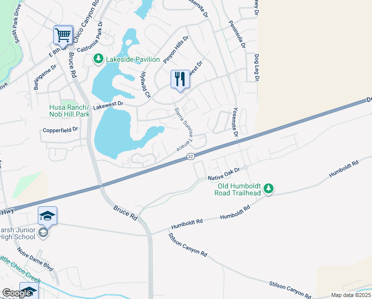 map of restaurants, bars, coffee shops, grocery stores, and more near 2701 Sierra Sunrise Terrace in Chico