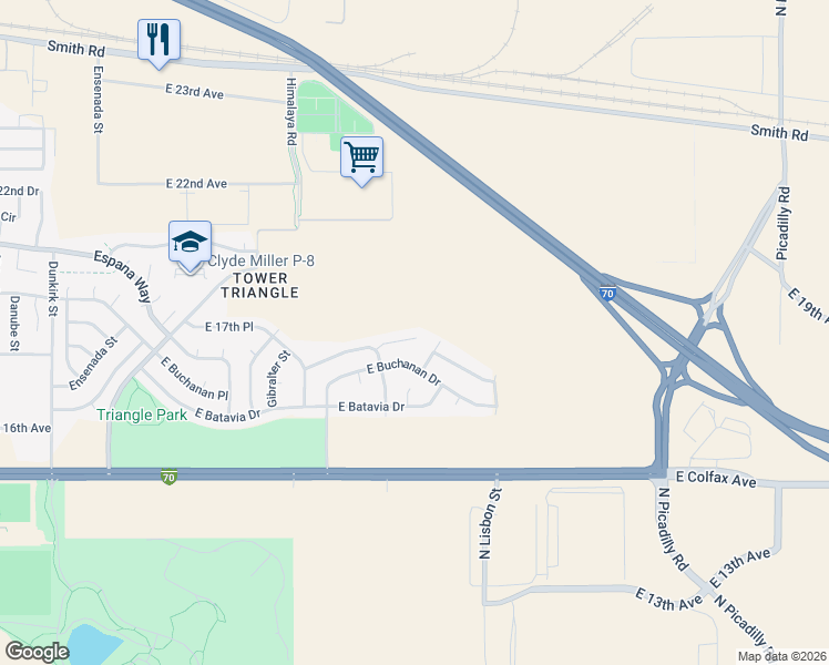 map of restaurants, bars, coffee shops, grocery stores, and more near 20540 East Coolidge Place in Aurora