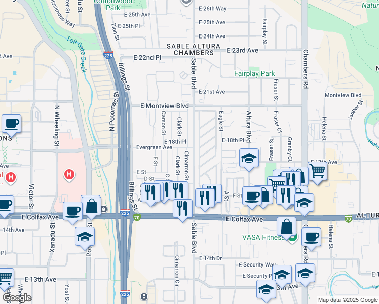 map of restaurants, bars, coffee shops, grocery stores, and more near 1726 Cimarron Street in Aurora