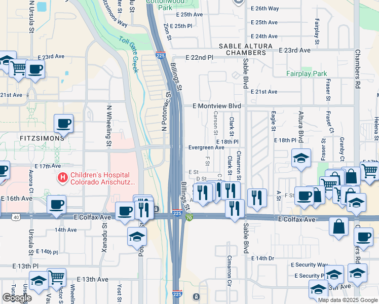 map of restaurants, bars, coffee shops, grocery stores, and more near 1710 Billings Street in Aurora