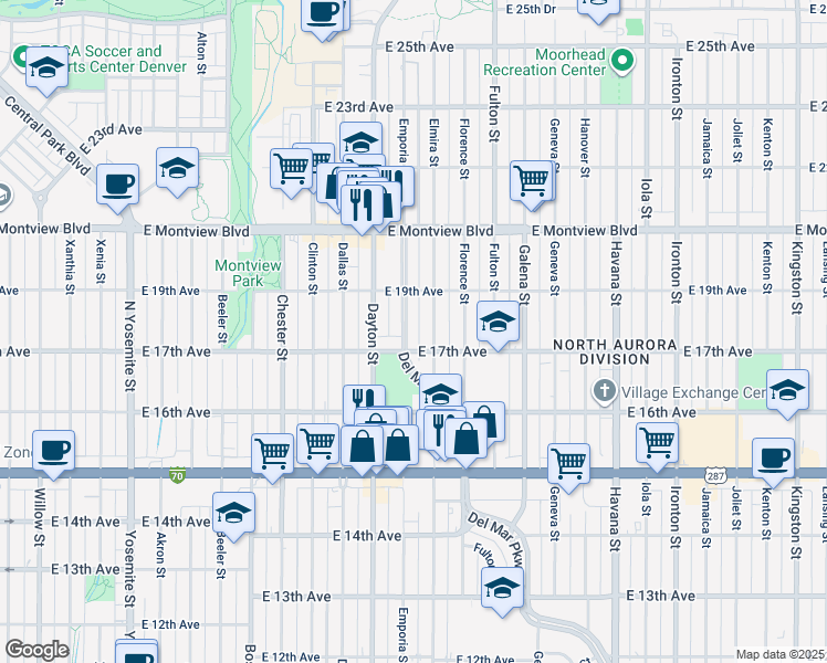 map of restaurants, bars, coffee shops, grocery stores, and more near 9801 East 17th Avenue in Aurora