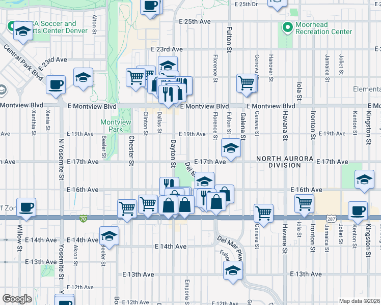 map of restaurants, bars, coffee shops, grocery stores, and more near 9801 East 17th Avenue in Aurora