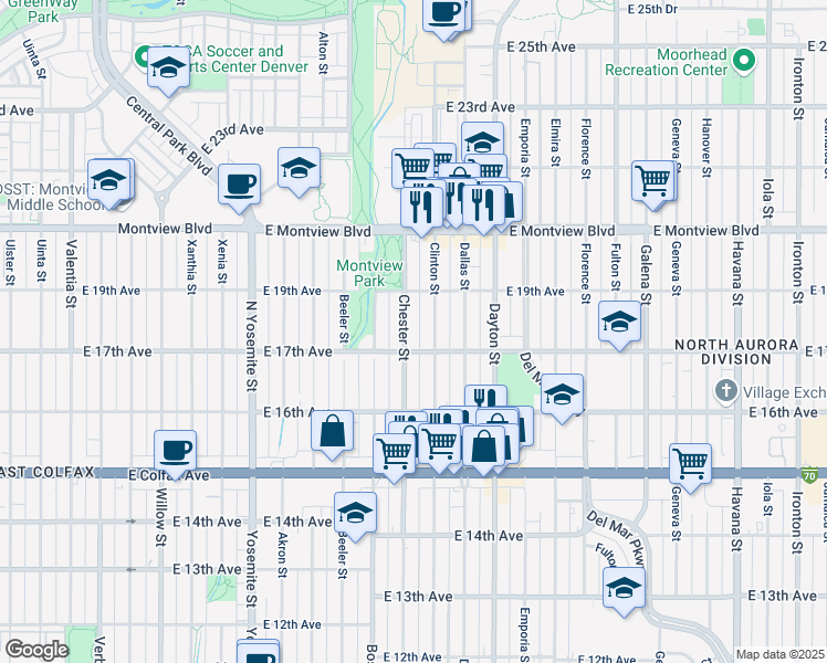 map of restaurants, bars, coffee shops, grocery stores, and more near 9407 East 17th Avenue in Aurora
