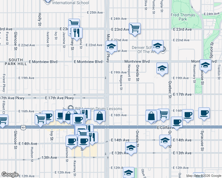 map of restaurants, bars, coffee shops, grocery stores, and more near 6603 East 17th Avenue in Denver