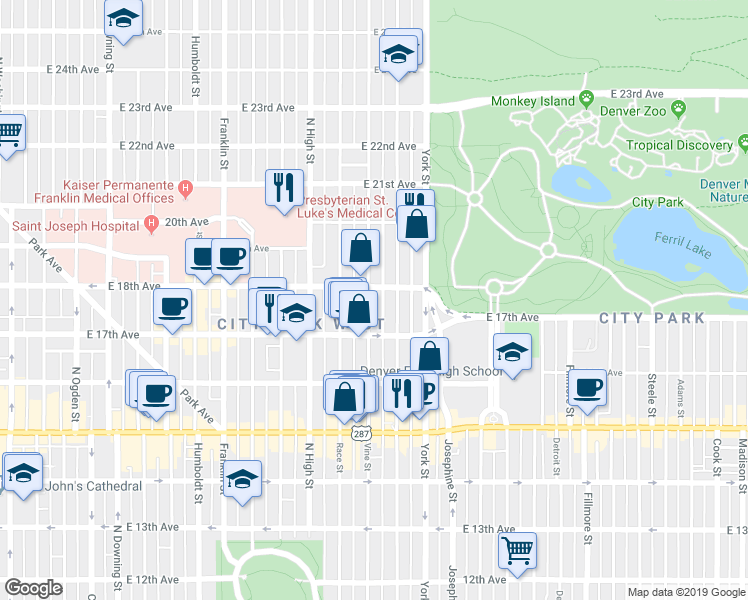 map of restaurants, bars, coffee shops, grocery stores, and more near 1743 Vine Street in Denver