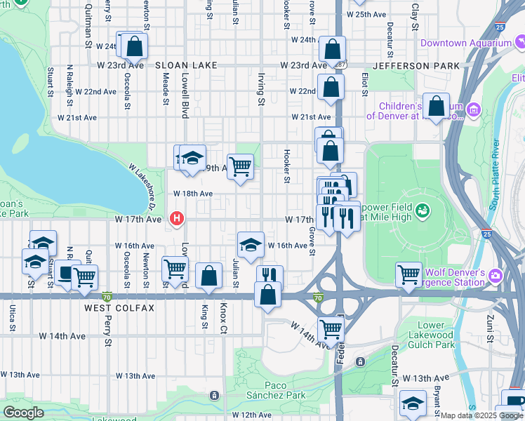 map of restaurants, bars, coffee shops, grocery stores, and more near 1707 Irving Street in Denver
