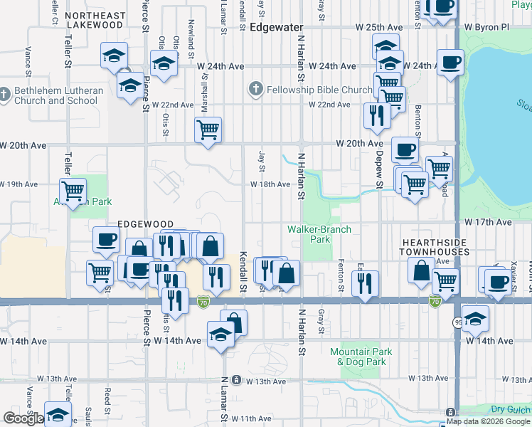 map of restaurants, bars, coffee shops, grocery stores, and more near 1700 Jay Street in Lakewood