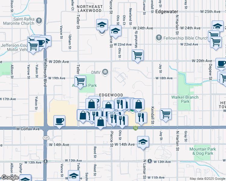 map of restaurants, bars, coffee shops, grocery stores, and more near in Lakewood