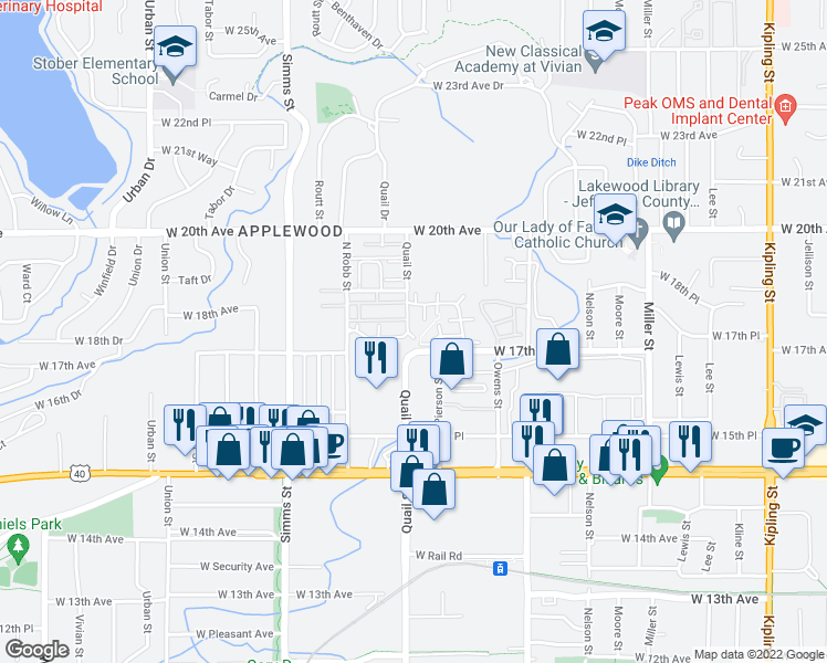 map of restaurants, bars, coffee shops, grocery stores, and more near 11191 West 17th Avenue in Denver