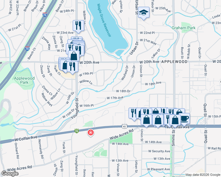 map of restaurants, bars, coffee shops, grocery stores, and more near 12370 West 18th Drive in Lakewood