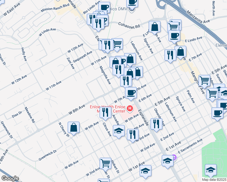 map of restaurants, bars, coffee shops, grocery stores, and more near 1713 Magnolia Avenue in Chico