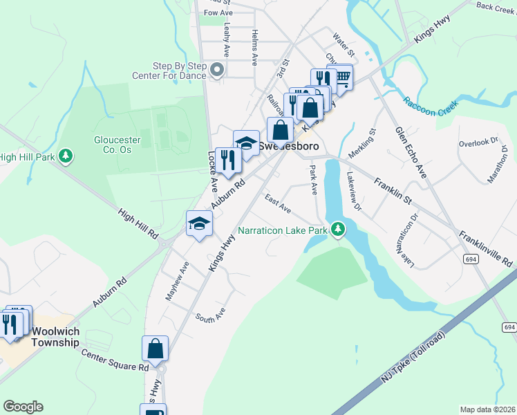 map of restaurants, bars, coffee shops, grocery stores, and more near 1704 Kings Highway in Swedesboro