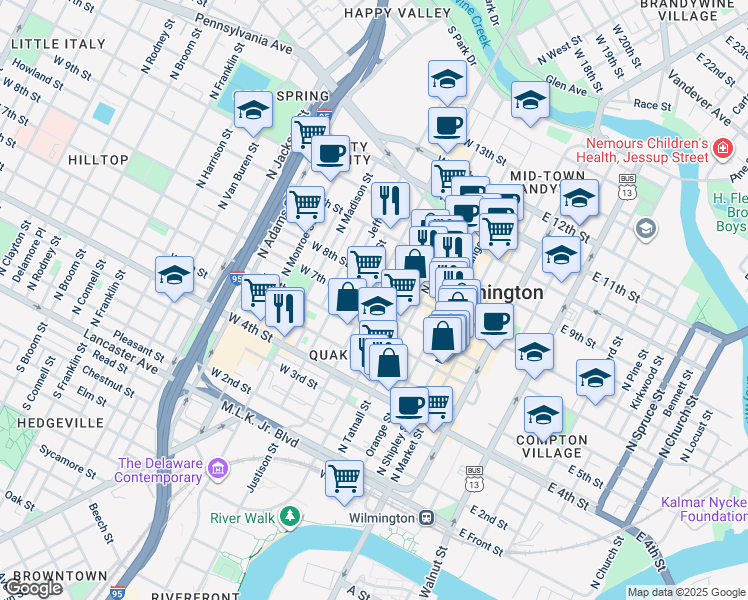 map of restaurants, bars, coffee shops, grocery stores, and more near 406 West 7th Street in Wilmington