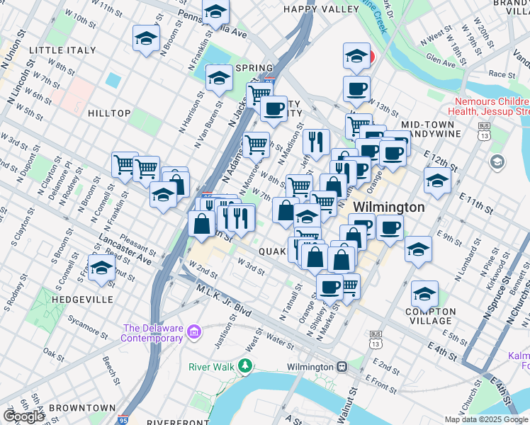 map of restaurants, bars, coffee shops, grocery stores, and more near 506 North Madison Street in Wilmington