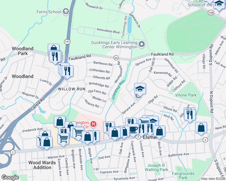 map of restaurants, bars, coffee shops, grocery stores, and more near 1107 Matti Avenue in Elsmere