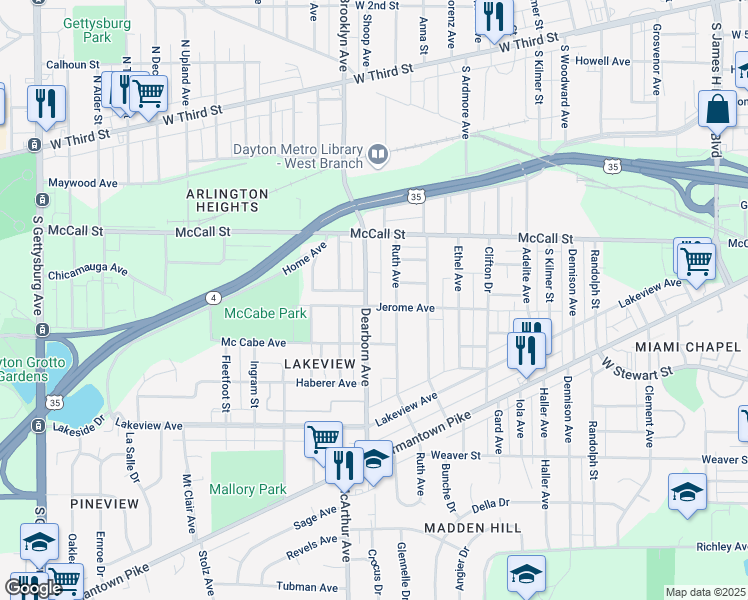 map of restaurants, bars, coffee shops, grocery stores, and more near 502 Dearborn Avenue in Dayton