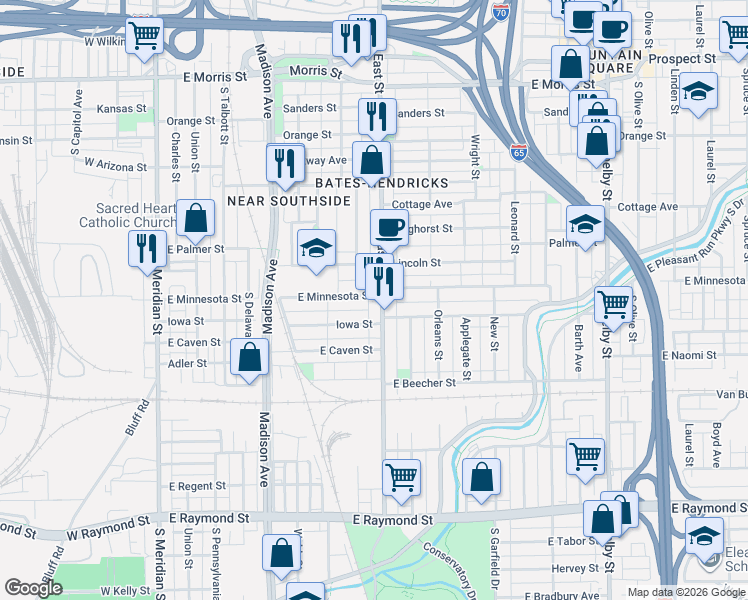 map of restaurants, bars, coffee shops, grocery stores, and more near 1726 South East Street in Indianapolis