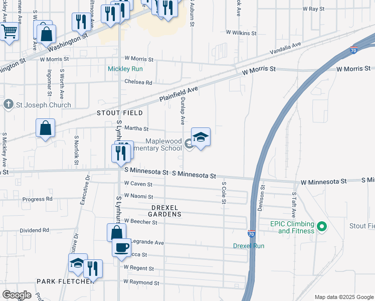 map of restaurants, bars, coffee shops, grocery stores, and more near 1643 Dunlap Avenue in Indianapolis