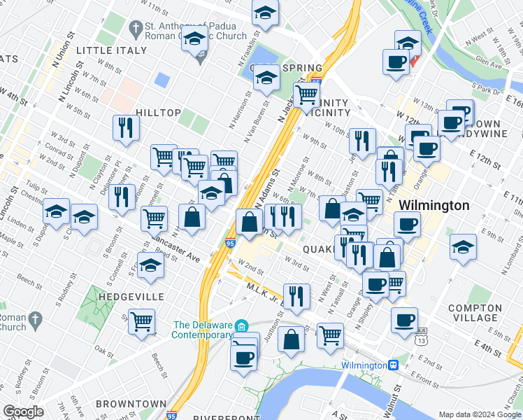 map of restaurants, bars, coffee shops, grocery stores, and more near 832 West 5th Street in Wilmington