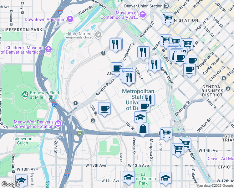 map of restaurants, bars, coffee shops, grocery stores, and more near 1320 Walnut Street in Denver